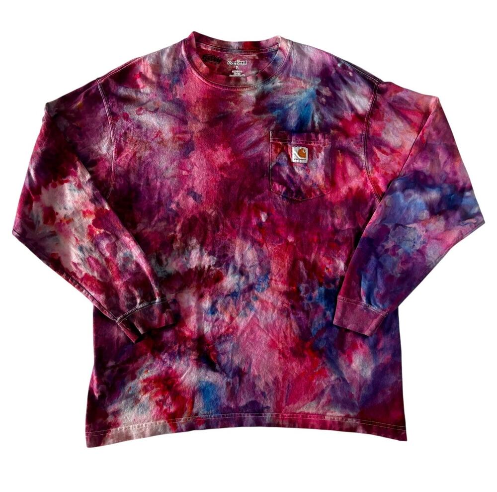 Reworked Carhartt Ice Dyed Long Sleeve Pocket T-Shirt Pink Purple Large K126